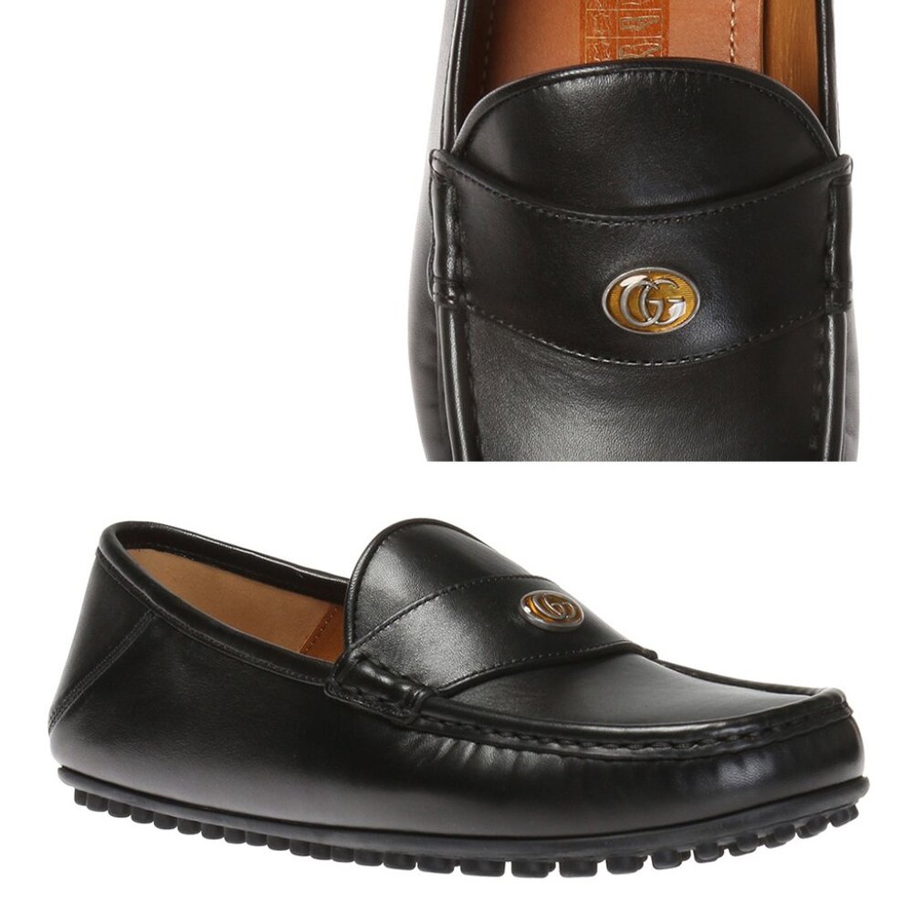 GUCCI SHOES MENS DRIVER MOCCASINS BLACK LEATHER w LOGO & BEE DETAIL 6.5G 7